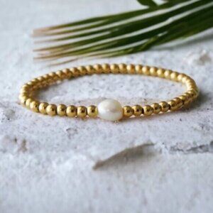 Gold Stretch Bracelet Gold Beads with Pearl Bracelet WATERPROOF non-tarnish gold
